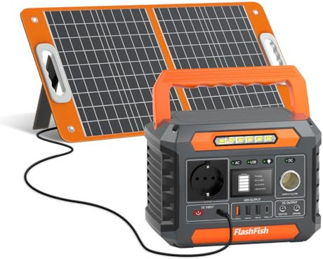 FlashFish 230Wh Tragbare Powerstation mit Solarpanel 60W, Solar Generator 300W(Spitze 600W) mit 2 DC-Anschlüsse, 4 USB-Anschlüsse, LED-Lichter, Notstromaggregat für Camping, Unterwegs,Stromausfälle