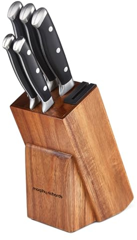 Morphy Richards 5-Piece Knife Block with Sharpener, Kitchen Set, Butt-Welded Design, Long Lasting Sharpness, Precision Cutting, Ergonomic, Acacian Wood, Paring, Ultilty Slicing, Bread, Chef, 868000