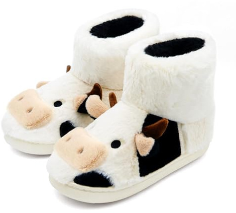 Cozy Memory Foam Cow Fuzzy Bootie House Slippers for Women Men, Size 9-9.5