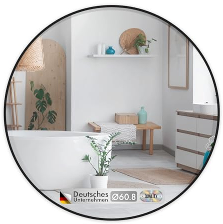 KARAT Miroir Mural Rond pour Salle de Bain et Chambre, avec Cadre en Alliage d'aluminium Noir Bella, Ø 60 cm, Verre trempé avec Film de sécurisé, Design élégant, Fixation Murale ou Poser sur Table