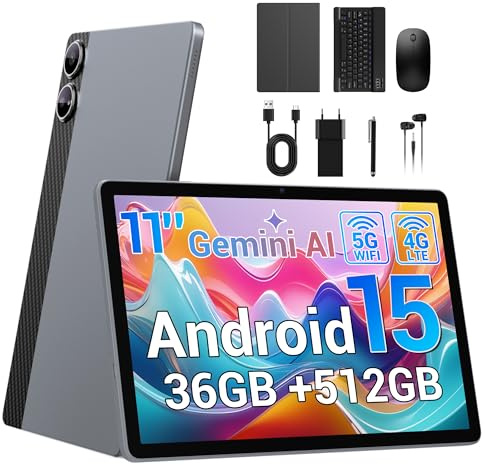 BEYNIVAN Tablet 11 Pulgadas Android 15 Tableta con Ranura sim,4G LTE y 5G WiFi,36GB RAM+512GB ROM/9580mAh y 20W/Face ID/GPS/BT 5.0/TÜV/USB-C,Tablet con Teclado