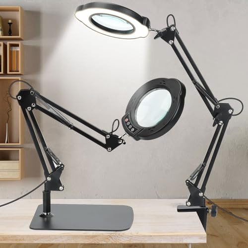 10X Magnifying Glass with Light and Stand, 5 Color Modes, Stepless Dimmable, Adjustable Arm, 2-in-1 LED Tabletop Magnifying Lamp, Hands-Free Magnifier for Reading, Crafts, Close Work & Repair, Black