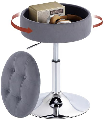 HOMCOM Tabouret de Coiffeuse en Velours avec Rangement 49-65 cm Gris | Tabouret de Maquillage Pivotant, Réglable en Hauteur, Siège Ronde, pour Chambre à Coucher, Salle à Manger ou Bar