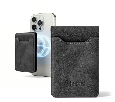 Etres Porta Carte di Credito Schermato - Modello Deux - Fino a 7 Carte, Protezione RFID - Portacarte MagSafe Compatibile, Anello Magnetico Incluso - In Pelle Vegana (NERO)