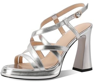 Generico Donna Punta Aperta Slingback Sandali Estivi Cinturino Incrociato Décolleté da Vestito con Fibbia Tacco Grosso Alto Plateau Scarpe da Sposa per Matrimonio,Argento,35.5 EU