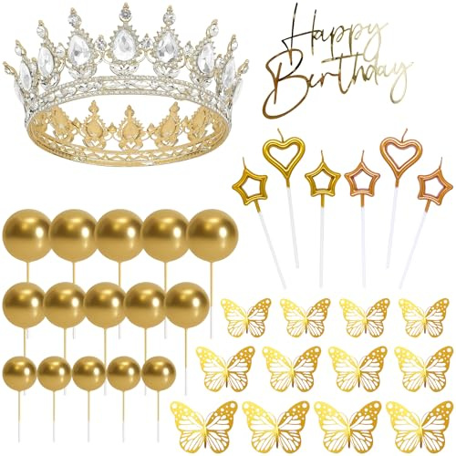 Zuuyye - Set Decorazione Torta Completo 35 Pezzi con Corona Principessa Dorata - Include Candele Dorate & Champagne