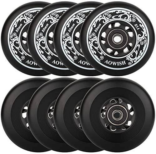 AOWISH Inline Skate Wheels 85A Outdoor Asphalt Formula Hockey Roller Blades Replacement Wheel with Bearings ABEC-9 and Floating Spacers (8-pack) (Black, 80mm)