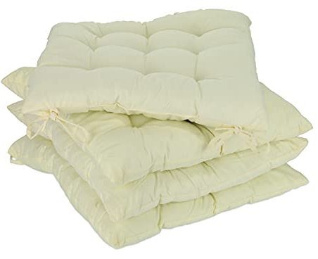Relaxdays Stuhlkissen 4er Set, 38x38 cm, Sitzkissen mit Bändern, Indoor & Outdoor, Polyesterbezug, Stuhlpolster, beige, 4 Stück (1er Pack), 4