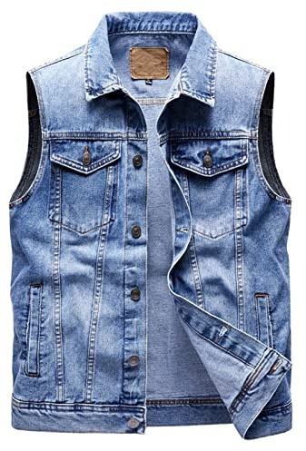 GAOHONGMEI Chaleco de mezclilla suelto para hombre Chaleco Vintage Casual Botón sin mangas Chaqueta Cowboy Chaleco Senderismo Reporteros Fotografía Jeans Outwear Top Azul claro-L