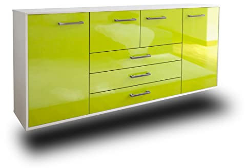 Lqliving Kommode Sideboard Metairie, Korpus in Weiss matt, Front im Hochglanz-Design Grün (180x77x35cm), inkl. Metall Griffen, Wandmontage, Made in Germany