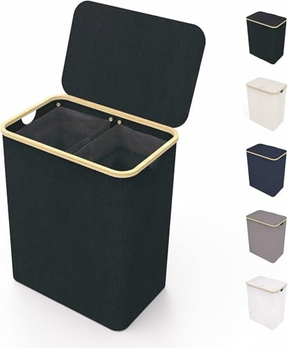 LONBET 150L Cesto Ropa Sucia 2 Compartimentos con Tapa y Estructura de Bambú - Cubo Ropa Sucia con Bolsa Extraíble, Asas Cómodas y Tela Transpirable para Uso Diario - Laundry Basket, Negro
