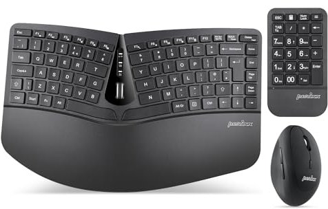 Perixx PERIDUO-606A, Teclado ergonómico compacto inalámbrico 3 en 1 con mouse vertical y teclado numérico - Reposamanos ajustable - Rueda inclinable - Teclas de perfil bajo de membrana - UK QWERTY
