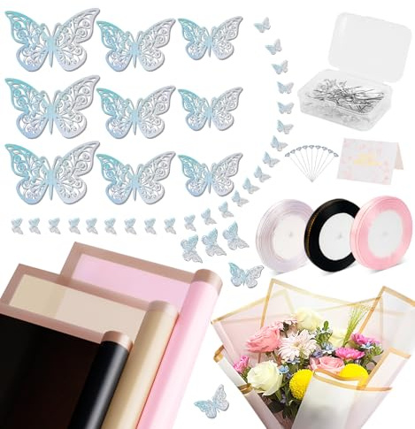Set di 60 fogli di carta da regalo con bouquet di diamanti, farfalle 3D, rotolo di nastro, carta per confezioni regalo, fiori, arte e artigianato (nero+rosa+marrone)