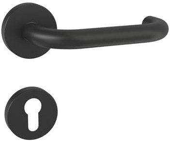 KeZaara Türgriffe Drückergarnitur Innentüren Mattschwarz, Türklinke aus Edelstahl mit Gerundet Rosette 52 mm, Türbeschlag für Zimmertüren von 2cm bis 5,5cm, Kreisbogen, PZ-Profilzylinder