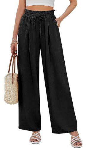 CMTOP Pantalon Femme Été Pantalon Fluide à Jambes Larges Pantalons Taille Haute Elastique Cordon de Serrage Pantalon Droit Léger et Elegant Pantalon de Plage Décontracté avec Poches