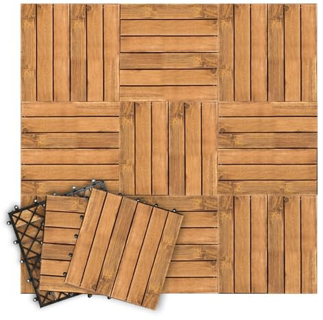 Fiqops Lot de 55 dalles de sol en bois d'acacia - 30 x 30 cm - 5 m² - Pour sol de terrasse extérieur - Mosaïque - Pour jardin, patio, balcon (6 lattes)