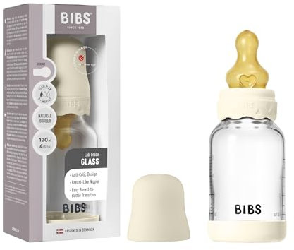 BIBS Boheme Baby Glass Bottle 4 oz /120 ml. Anti-Colic. Round Natural Rubber Latex Nipple. Supports Natural Breastfeeding - Ivory