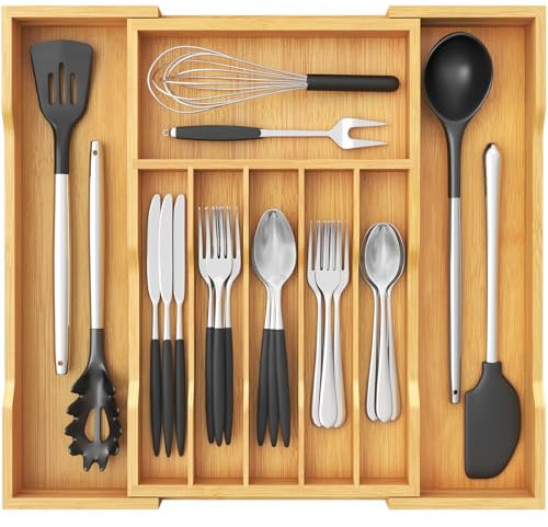 Lifewit Range Couverts en Bambou pour Tiroir, Rangement Ustensiles Extensible de 30,5 cm à 53 cm, Profondeur de 43 cm, Organisateur vaisselle de Cuisine, Porte Separateur pour Cuillère/Fourchette