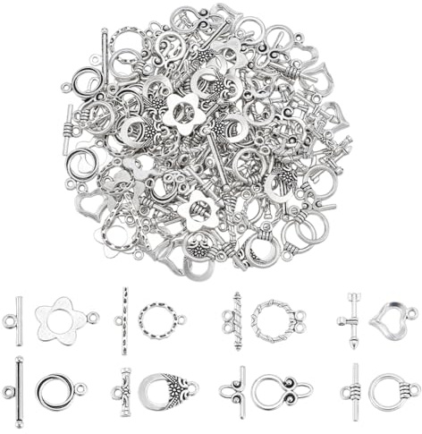 AHANDMAKER 8 chiusure a bottone, 80 pezzi, stile tibetano, chiusura per gioielli, chiusura a T, in metallo, per collane, bracciali, creazione di gioielli, fai da te, artigianato antico, colore argento