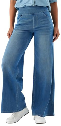 SotRong Pantalon en jean taille haute élastique avec jambe large et ample à enfiler, multiples poches, contrôle du ventre, jambe droite, décontracté, ample, extensible, pour femme, bleu jean, XL