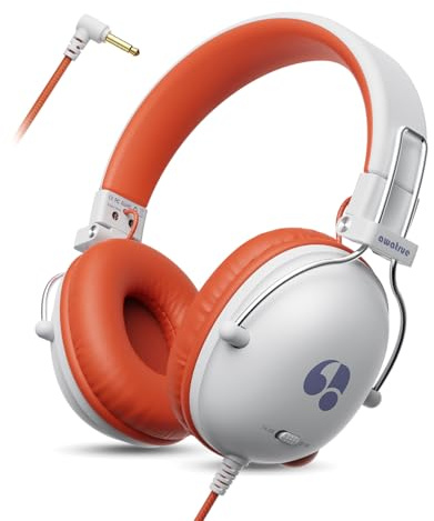 awatrue Casque Audio Enfant, Casque Filaire Enfant, Limite de Volume 74/85dB, Son Stéréo, Son Haute Définition, Fiche Jack 3,5 mm pour IPad/Tablette/PC/Voyage (Blanc Orange)