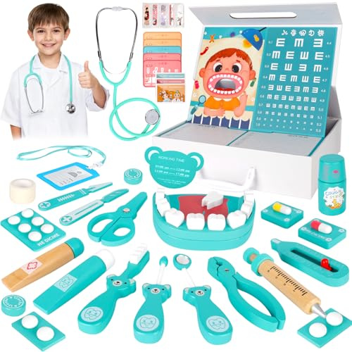 YGVQN Mallettes Docteur Enfant en Bois, 34 pièces avec Stéthoscope Réel, Accessoires de Dentiste & Jouets Médicaux, Kit de Jeu Médecin pour Enfants, Jouet Éducatif pour Filles et Garçons dès 3 Ans
