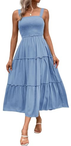 Womens Casual Loose Plain Maxi Sundress Square Neck A-line Sleeveless Summer Beach Tiered Long Tank Dresses S Sky Blue