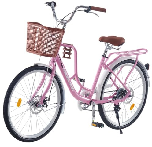 TRIOBLADE 24''26'' Vintage Ladies Bike with Basket 7 Speed Hybrid City Bike for Women Dual Disc Brakes Basket Rear Rack Lightweight Commuter bike Retro Bicycle White Urban Bike (Pink 24 ich)