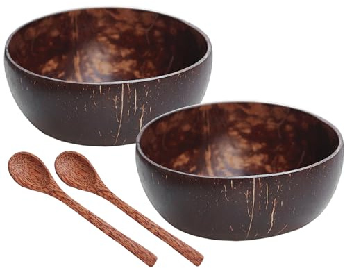 Syglawnd Ciotole in cocco, ciotola in cocco, stoviglie lucide include 2 ciotole e cucchiai legno, ecologiche e leggere per insalate, colazione, decorazioni, legno