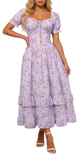 SCARLET DARKNESS Women's Victorian Dresses Floral Short Sleeve Ruffled Hem Summer Long Boho Dress