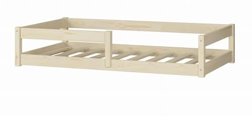 KOBI Letto per bambini 120x60 cm, con ringhiera - Letto da pavimento Nordi in legno di pino naturale