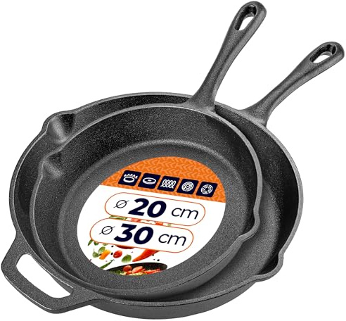 KADAX Gjutjärnspanna, set om 2 (20/30 cm), gjutjärnspanna, lämplig för induktion och ugnssäker, gjutjärnspanna för induktion, grillpanna