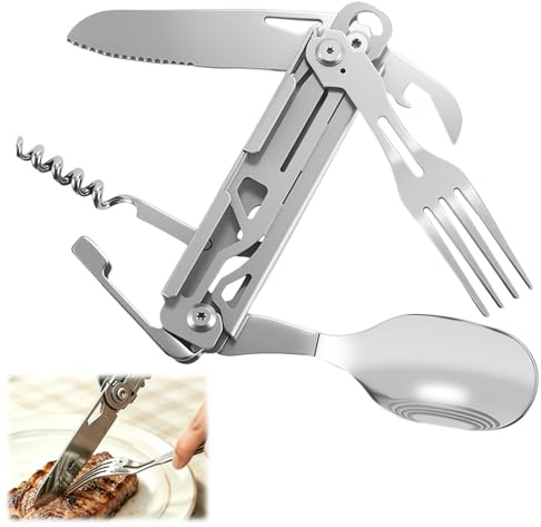Couverts de Camping en Plein Air, Ensemble de Couverts Pliants Multifonctionnels 5 en 1,Kit Couverts Nomade en Acier Inoxydable avec Sac de Rangement et Design Démontable pour Camping et Les Activités
