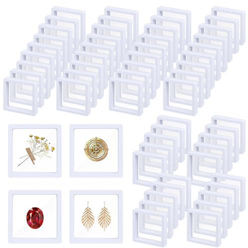 64 Pack 3D Floating Display Frame, 7x7cm Jewellery Box with PE Film, Square | White Floating Jewellery Packaging Boxes for Ring, Necklace, Earrings, Coin Storage, Gift Packaging