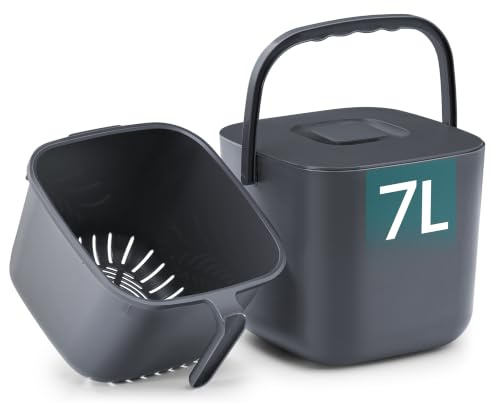 SONGMICS 4L Komposthink för Kök, med Lock och Inre Korg, Luktavvisande | Matavfallskärl i Plast, för Bänkskiva, 18,3 x 16,6 x 17,1 cm, Grå, LEOS Kollektion LTB217GZ01