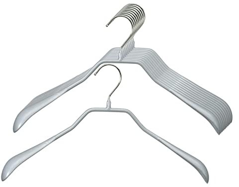 MAWA Kleiderbügel, Set mit 10 körpergeformten Metallkleiderbügeln, ideal für Mäntel, Jacken, Blazer und Anzüge, 360° drehbarer Haken, Antirutschbeschichtung, 46 cm, Silber
