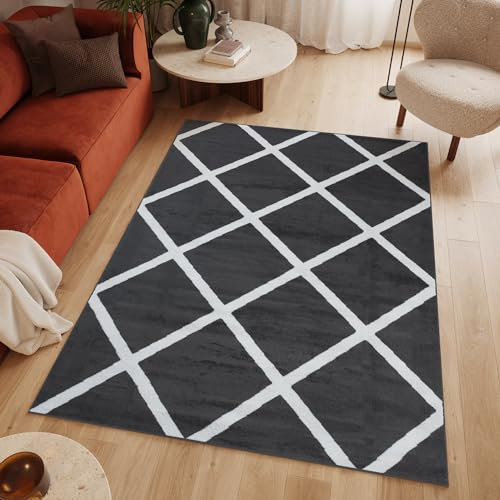 TAPISO Luxury Teppich Kurzflor Wohnzimmer Schlafzimmer Dunkelgrau Weiß Modern Karo Kariert Design Marokkanisch Geometrisch Muster ÖKOTEX 200 x 300 cm