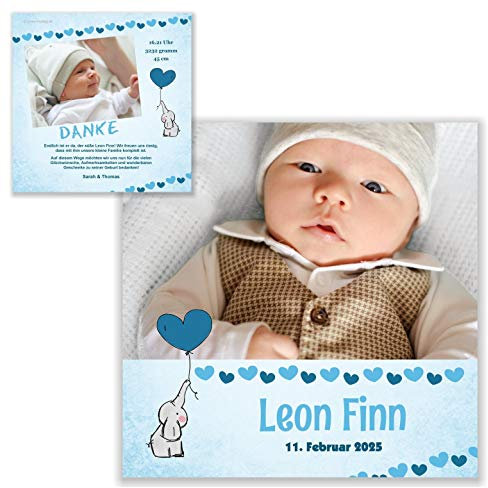 Unser-Festtag Elefant mit Herz Aussergewöhnliche Geburtskarten Dankeskarten für Baby mit Foto, kostenloser Text Eindruck - 30 Karten
