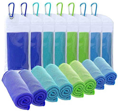SZELAM Cooling Towel - 8 Pack, Soft & Breathable, Microfiber for Sports, Fitness & Outdoors (40x12) - 2 Green, 2 Lake Blue, 2 Blue, 2 Dark Blue
