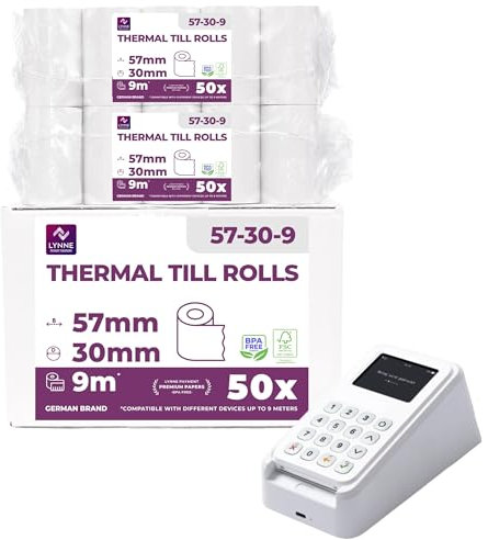Ec-Cash Thermorollen 57mm x 9m x 12mm - Kassenrollen - Thermopapier - Bonrollen für Bankomat - Kredit-Kartenlesegeräte (57x30x12) (50 Rollen)