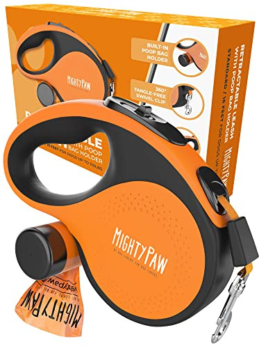 Mighty Paw Correa retráctil con Soporte Integrado para Bolsas de excrementos, Correa de Perro de 16 pies de Largo para Perros pequeños, Razas Medianas y Mascotas Grandes. Cinta de Control rápido.