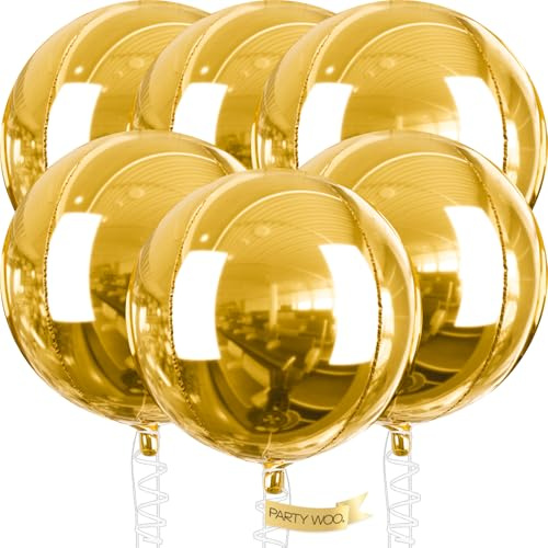 PartyWoo Metallic Gold Foil Balloons 6pcs 32 Inch Large Round Foil Big Giant 4D Jumbo Inflatable Mirror Ball Mylar Balloons for Graduation Birthday Baby Shower Anniversary Tea Party Decorations