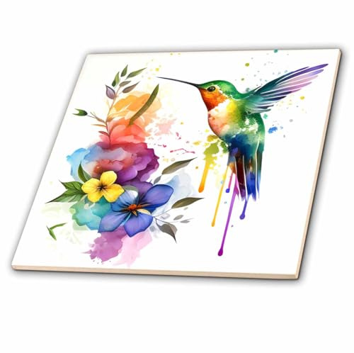 12 Inch Ceramic Tile - Pretty Image of Dripping Watercolor Hummingbird and Flowers Illustrations