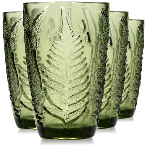 QELVIO 340 ml gröna dricksglas set med 4 – boho estetiska färgade vintage glas, söta texturerade dricksvattenkoppar, färgglada glas unika präglade dryckesartiklar, retro highball juice drinkcup