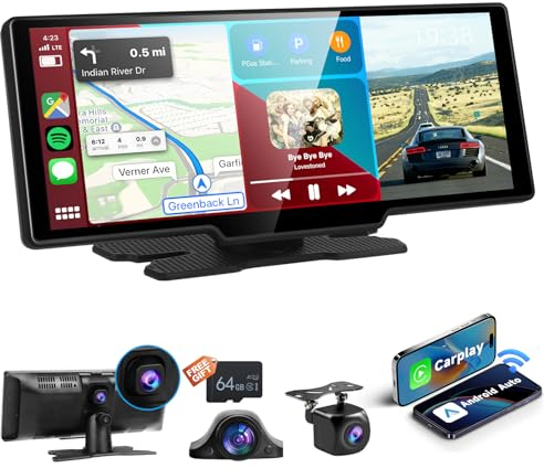 Podofo 10.26'' Tragbares Autoradio Wireless Carplay Android Auto 3-Way Kamera HD Touchscreen mit Navi/Bluetooth,Carplay Screeen mit Front/AHD Rückfahrkamera, FM Transmitter/DVR USB/AUX/64G SD Karte