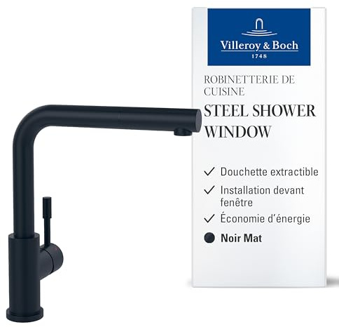 Villeroy & Boch Steel Shower Window, grifo de cocina de alta presión con rociador extraíble y caño giratorio de 360°, ColdStart de bajo consumo, instalación en ventana, altura 272 mm, negro mate