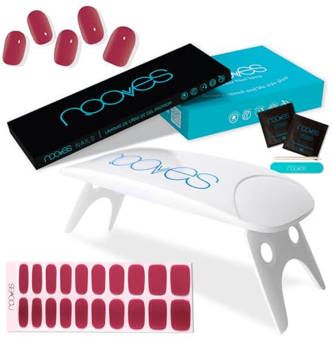 NOOVES Láminas de Gel para Uñas + Lámpara de Secado | 20 uds Rojo, Semicuradas y Veganas con Lima y Palito de Naranjo
