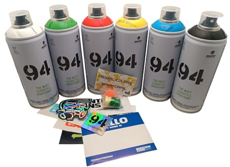 PROGAL COLORS Set Montana 9 4 bombolette spray Montana Streetart Matt Graffiti 6 x 400 ml set contiene un regalo di adesivi + 3 diffusori di ricambio