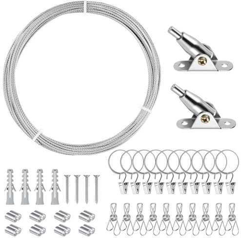 Celepoir Cable de Acero Inoxidable, 10M Cuerda de Cortina Ajustable de Acero mit 2 Tensores Alambre, 2 Tipos de Ganchos de Clip de Metal, Cuerdas de Inox-acero para Techo o Pared, Luces, Fotografías