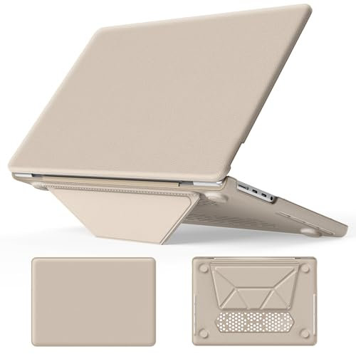 Batianda Premium PU Leder Schutzhülle für New MacBook Pro 14 Zoll 2023 2021 Release M3 M2 Chip Elegantes PU-Leder mit klappbarem Ständer, Vollschutz mit Belüftung und Anti-Rutsch-Pads, Khaki